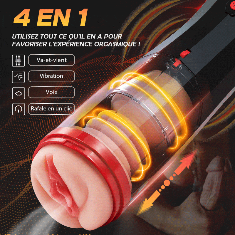 4 en 1 Masturbateur cup, 10 modes de vibration, 5 modes de va-et-vient et un mode d'aspiration avec interaction vocale pour une expérience polyvalente.