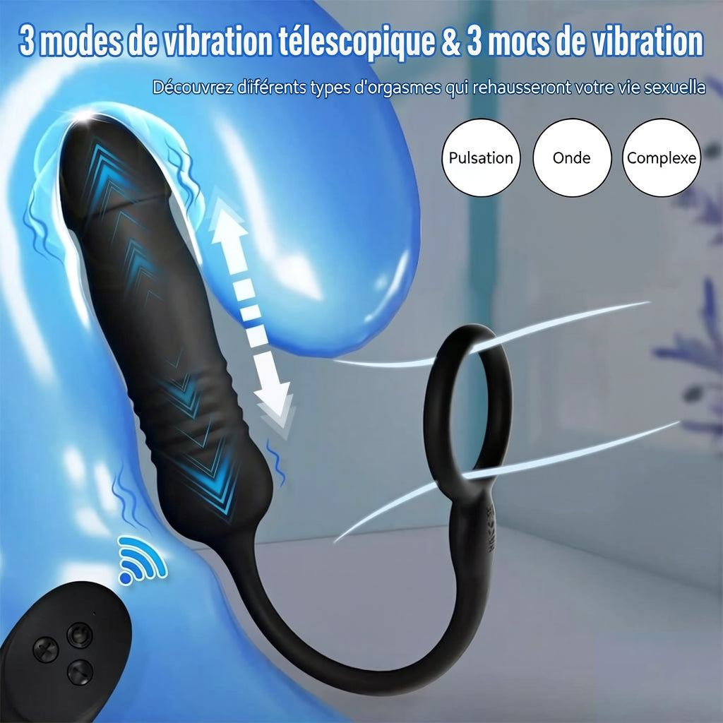 Stimulateur de prostate masculin, appareils de massage, vibromasseurs anaux avec anneau pénien, télécommande, vibromasseur télescopique avec 3 modes de vibration + 3 modes de poussée, plug anal, gode, jouets sexuels pour hommes