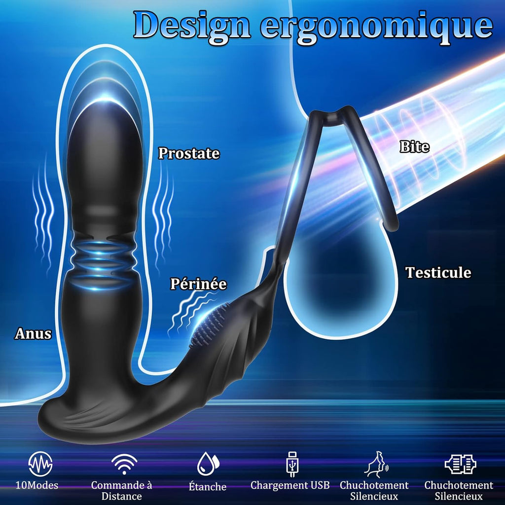 3 EN 1 Masseurs de Prostate Vibrant avec Anneau Pénien, Vibrateur Anal Télécommandé, Plug anal gode vibrateur avec 10 modes de poussée vibrant portabl Pour Couple