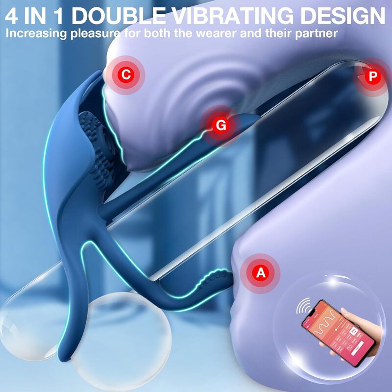 Vibrateur 4 en 1 anneau pénien, Vibrateur Anneau Pénien avec 5 Modes de Vibration, avec App