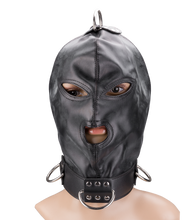 Charger l'image dans la galerie, Cagoule BDSM en similicuir trois ouvertures et anneaux