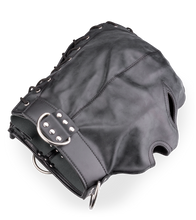 Charger l'image dans la galerie, Cagoule BDSM en similicuir trois ouvertures et anneaux