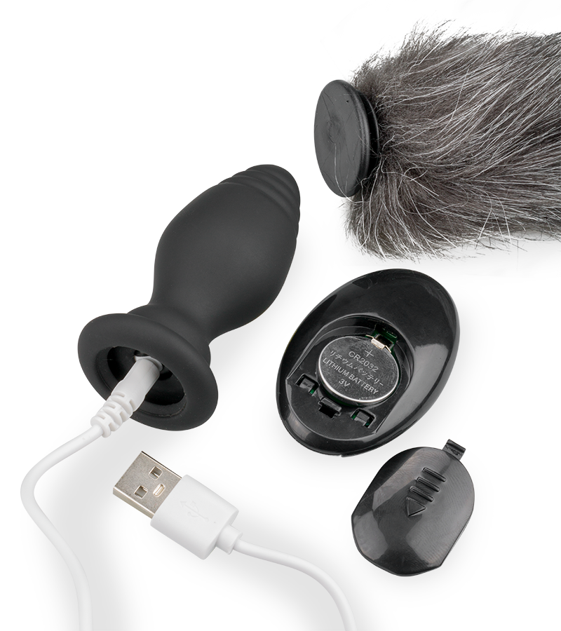 Plug vibrant avec queue fourrure synthétique grise